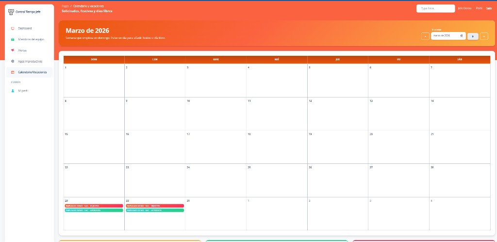 Control Laboral App: calendario mensual con solicitudes de vacaciones aprobadas y rechazadas
